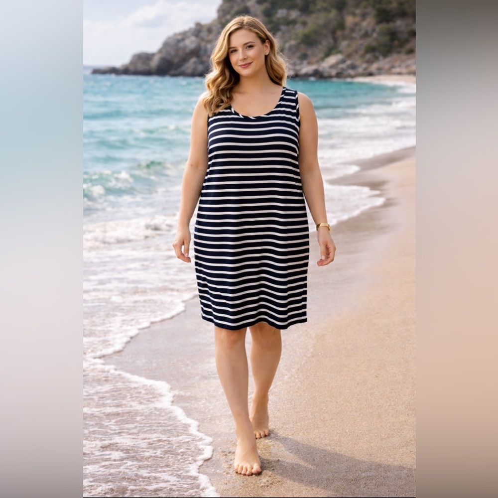 Crown & Ivy Dress XL Stretch Shift Navy Blue White Casual Resort Cruise New NWT